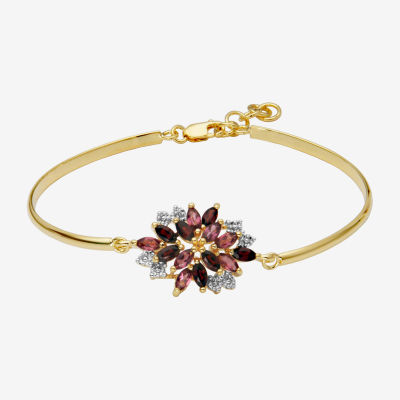 Genuine Red Garnet 18K Gold Over Silver Flower Bangle Bracelet
