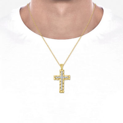 Mens 1 CT. T.W. Natural White Diamond 10K Gold Cross Pendant Necklace