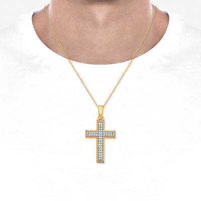 Mens 1 CT. T.W. Natural White Diamond 10K Gold Cross Pendant Necklace