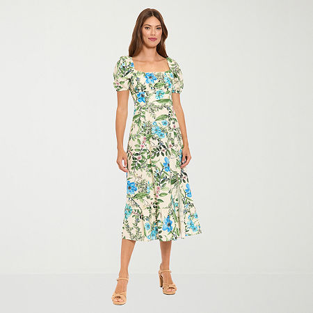 Clover And Sloane Womens Midi Square Neck Short Sleeve Puffed Floral Fit + Flare Dress
