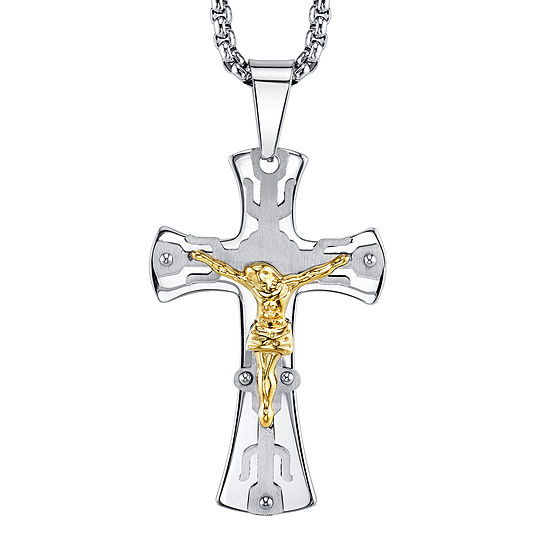 Mens Two-Tone Stainless Steel Crucifix Cross Pendant Necklace