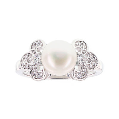 Diamonart® Cultured Freshwater Pearl and Cubic Zirconia Sterling Silver Clover Ring