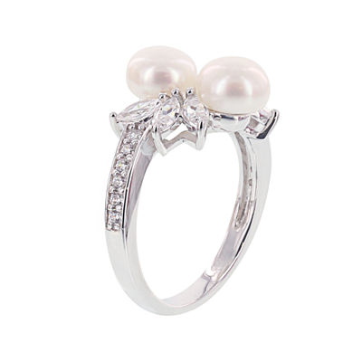 Diamonart® Cultured Freshwater Pearl and Cubic Zirconia Sterling Silver Star Ring