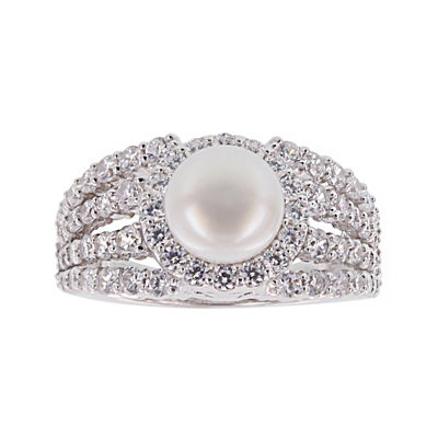 Diamonart® Cultured Freshwater Pearl and Cubic Zirconia Multi-Row Sterling Silver Ring