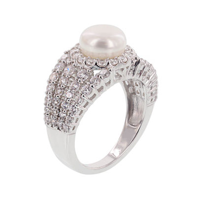 Diamonart® Cultured Freshwater Pearl and Cubic Zirconia Multi-Row Sterling Silver Ring