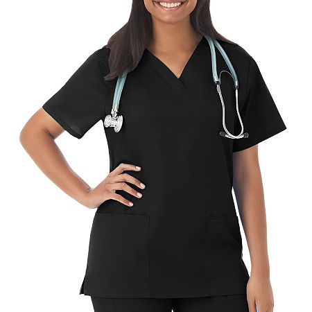 Fundamentals By White Swan 14700 2-Pocket Womens V Neck Short Sleeve Scrub Top, Small, Black