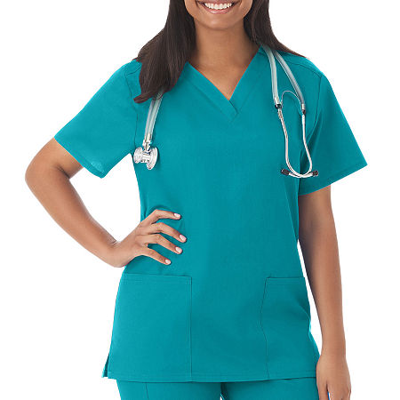 Fundamentals By White Swan 14700 2-Pocket Womens V Neck Short Sleeve Scrub Top, Large, Blue