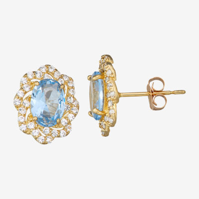 Lab Created Blue Aquamarine 10K Gold 7.6mm Flower Stud Earrings