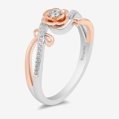 Enchanted Disney Fine Jewelry Womens 1/10 CT. T.W. Natural White Diamond 14K Rose Gold Over Silver Sterling Flower Beauty and the Beast Belle Princess Crossover Side Stone Cocktail Ring