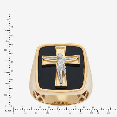Crucifix Mens Genuine Black Onyx 10K Gold Cross Signet Ring