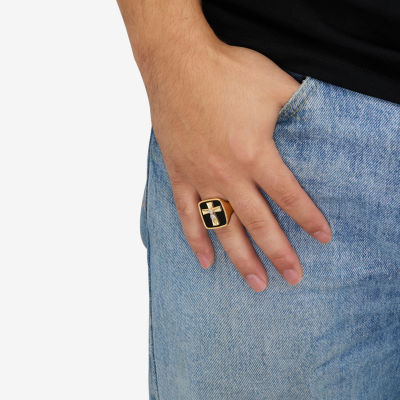 Crucifix Mens Genuine Black Onyx 10K Gold Cross Signet Ring