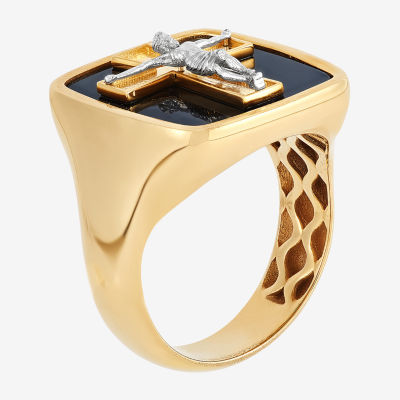 Crucifix Mens Genuine Black Onyx 10K Gold Cross Signet Ring