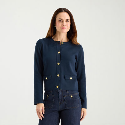 Liz Claiborne Womens Crew Neck Long Sleeve Button Cardigan
