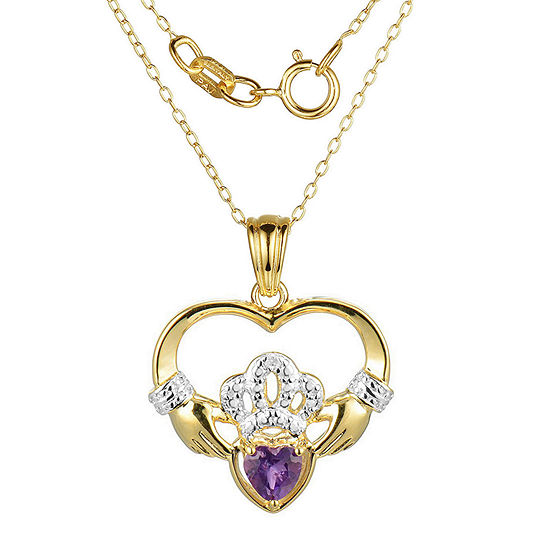 Heart-Shaped Genuine Amethyst and Diamond-Accent Claddagh Pendant Necklace