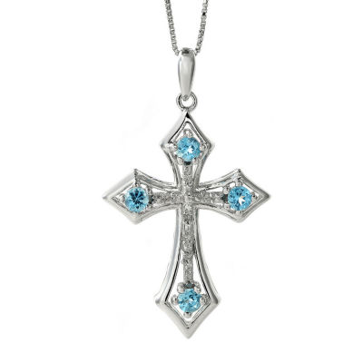 Genuine Blue Topaz and Diamond-Accent Sterling Silver Cross Pendant Necklace