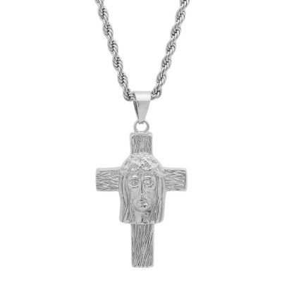 Steeltime Mens White Cubic Zirconia Stainless Steel Cross Pendant Necklace