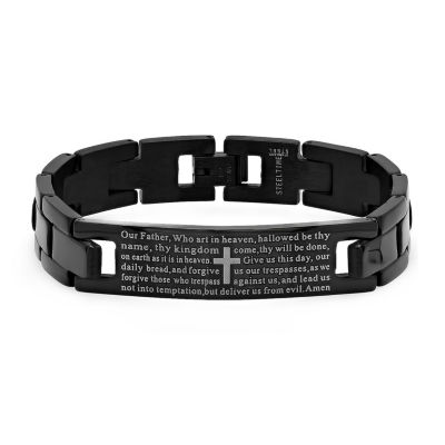 Steeltime Lord'S Prayer Black Ion Plated Mens Stainless Steel Solid Hypoallergenic 8 Inch Link Bracelet