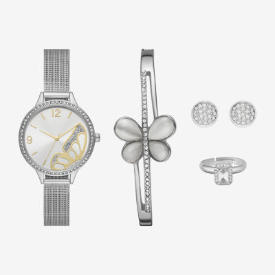 Ladies Sets Womens Crystal Accent Silver Tone Stainless Steel 5-pc