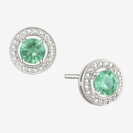 Diamond Accent Genuine Green Emerald Sterling Silver 6mm Stud Earrings