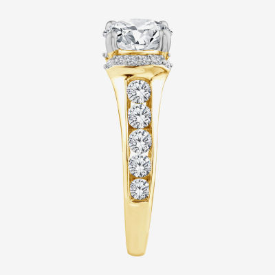 (F / Vs2) Womens 3 CT. T.W. Lab Grown White Diamond 14K Gold Round Side Stone Halo Engagement Ring