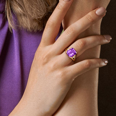 Womens Genuine Purple Amethyst 18K Gold Over Silver Cocktail Ring