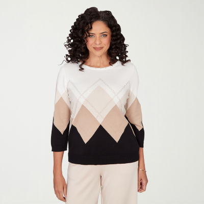 Alfred Dunner Seville Womens Boat Neck 3/4 Sleeve Argyle Pullover Sweater