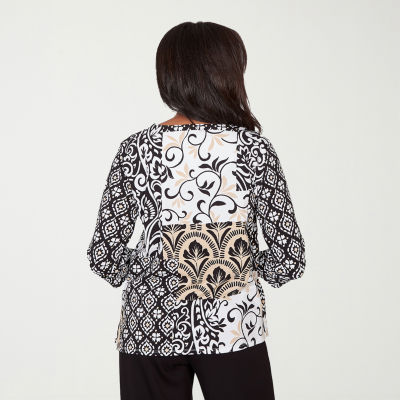 Alfred Dunner Classics Womens Split Tie Neck 3/4 Sleeve T-Shirt