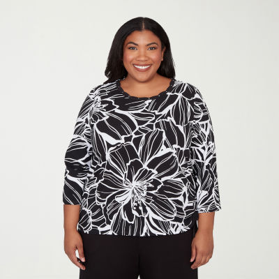 Alfred Dunner Classics Womens Plus Crew Neck 3/4 Sleeve T-Shirt