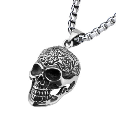 Stainless Steel Flower Skull Pendant Necklace