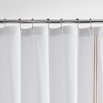 New Fieldcrest Fabric Shower Curtain 72"x72" WHITE/SEA SALT Beige RIBBON BORDER 