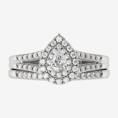 Womens 1/2 CT. T.W. Mined White Diamond 14K Gold Pear Side Stone Halo Bridal Set