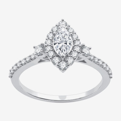 I Said Yes (H-I / I1) Womens 3/4 CT. T.W. Lab Grown White Diamond Sterling Silver Marquise Side Stone Halo Engagement Ring