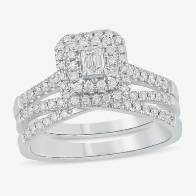 (H-I / Si1-Si2) Womens 1 CT. T.W. Lab Grown White Diamond 14K Gold Side Stone Halo Bridal Set