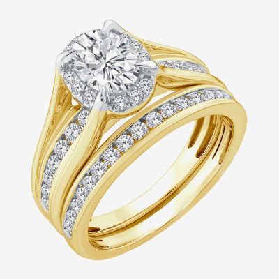 (G / Si1-Si2) Womens 1 1/2 CT. T.W. Lab Grown White Diamond 14K White Gold Oval Side Stone Halo Bridal Set