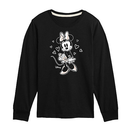 Disney Collection Little & Big Girls Crew Neck Long Sleeve Minnie Mouse Graphic T-Shirt, Large, Black