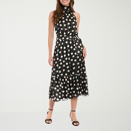 London Style Womens Sleeveless Dots Midi Fit + Flare Dress Petite, 8 Petite, Black