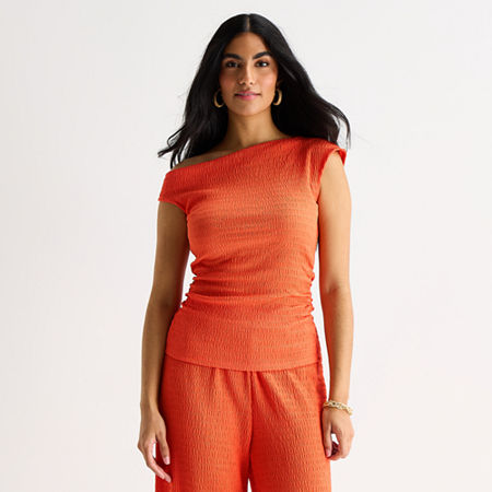 Bold Elements Womens Asymmetrical Neck Short Sleeve Blouse In Orange