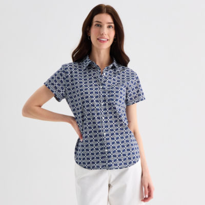 St. John's Bay Womens Short Sleeve Regular Fit Button-Down Shirt