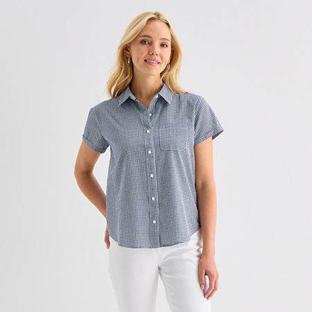 St. John's Bay Womens Easy-on + Easy-off Hidden Access Opening Roll Short Sleeve Regular Fit Button-Down Shirt, Large, Blue