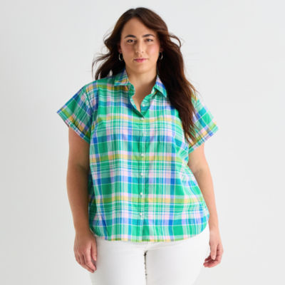 St. John's Bay Womens Plus Roll Short Sleeve Regular Fit Button-Down Shirt