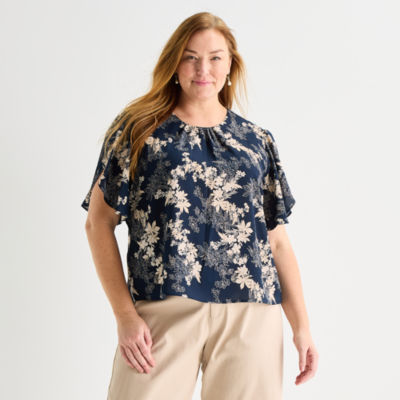 Liz Claiborne Womens Plus Round Neck Short Sleeve Blouse