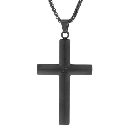 Mens Black Cubic Zirconia Stainless Steel Cross Pendant Necklace, One Size