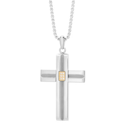 Mens Cubic Zirconia Stainless Steel Cross 24 Inch Pendant Necklace