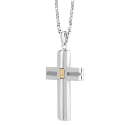 Mens Cubic Zirconia Stainless Steel Cross 24 Inch Pendant Necklace