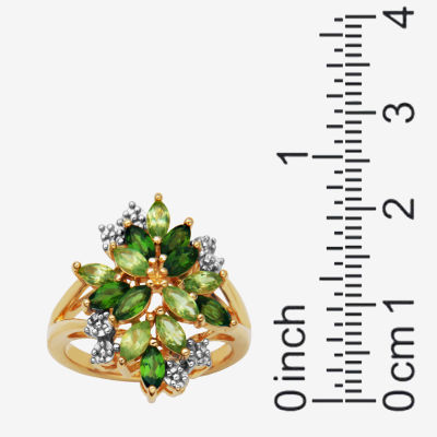 Womens Genuine Green Peridot 18K Gold Over Silver Flower 3-Stone Cocktail Ring