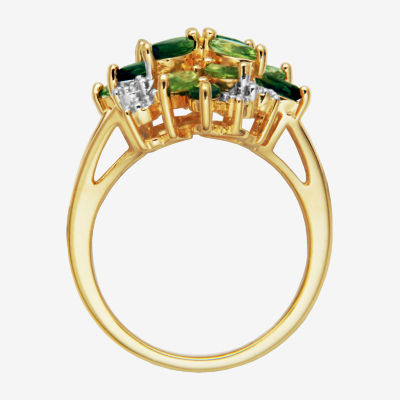 Womens Genuine Green Peridot 18K Gold Over Silver Flower 3-Stone Cocktail Ring