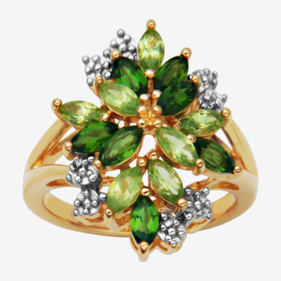 Womens Genuine Green Peridot 18K Gold Over Silver Flower 3-Stone Cocktail Ring