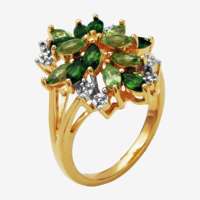 Womens Genuine Green Peridot 18K Gold Over Silver Flower 3-Stone Cocktail Ring