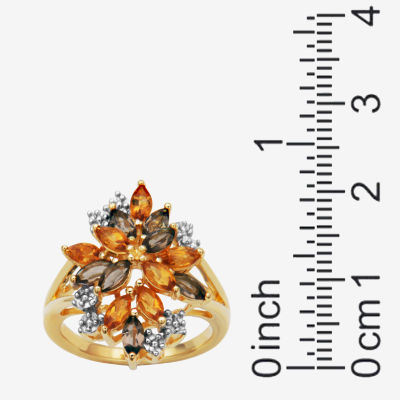 Womens Genuine Yellow Citrine 18K Gold Over Silver Flower 3-Stone Cocktail Ring