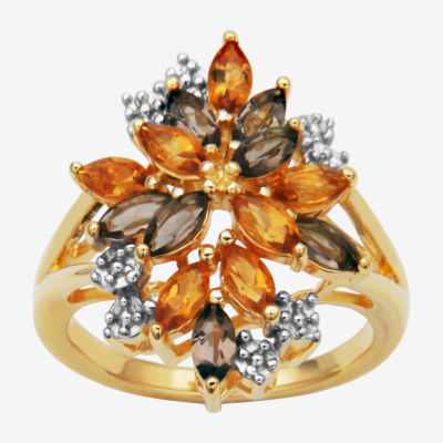 Womens Genuine Yellow Citrine 18K Gold Over Silver Flower 3-Stone Cocktail Ring